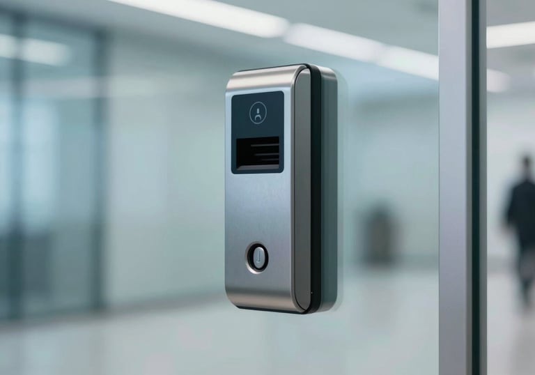 A close up of an access control card reader on a glass office door, sleek modern design in a corporate hallway, #1A2B3C and #9BB6D5 palette.
