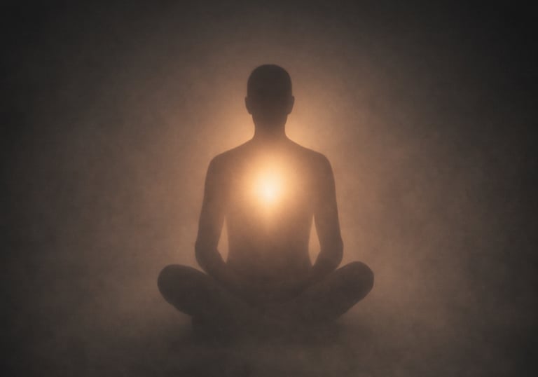 person sitting in meditation with light in chest representing soul awareness