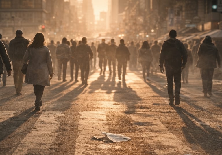 people walking in a city representing social awakening and collective disconnection