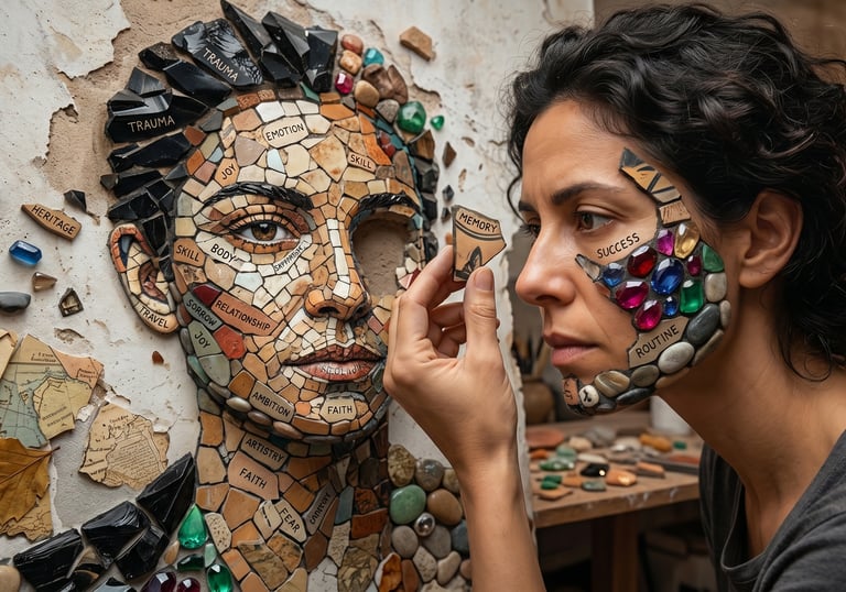 person assembling mosaic face representing human awakening and integration of identity and experienc