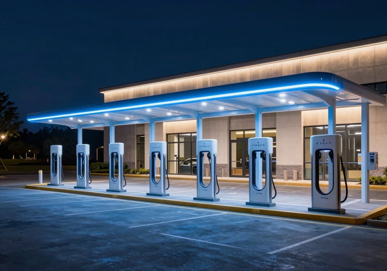 A wide-angle landscape of a modern electric vehicle charging station at night, illuminated with electric blue lighting, North American architectural style.