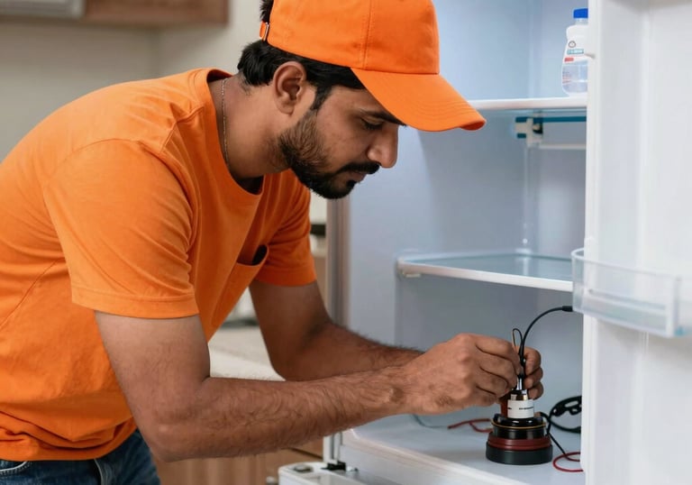 Technician servicing an air conditioner unit on a sunny Kanpur rooftop.
