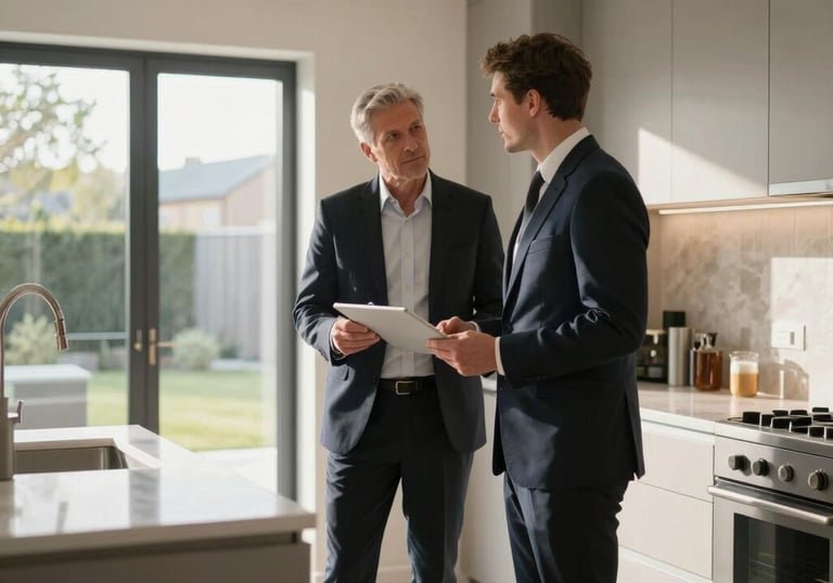 A professional property manager inspecting a high-end kitchen in a modern British residence, natural morning light, clean and sophisticated.