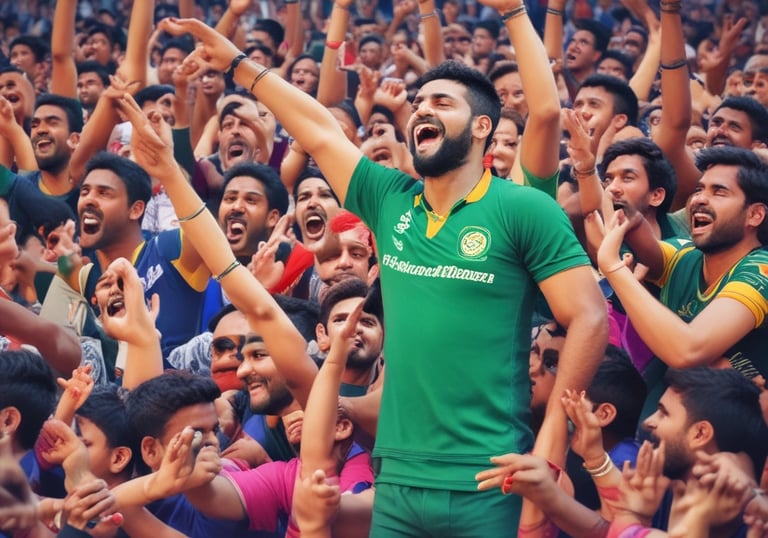 A vibrant crowd cheering with colorful banners at a kabaddi stadium.