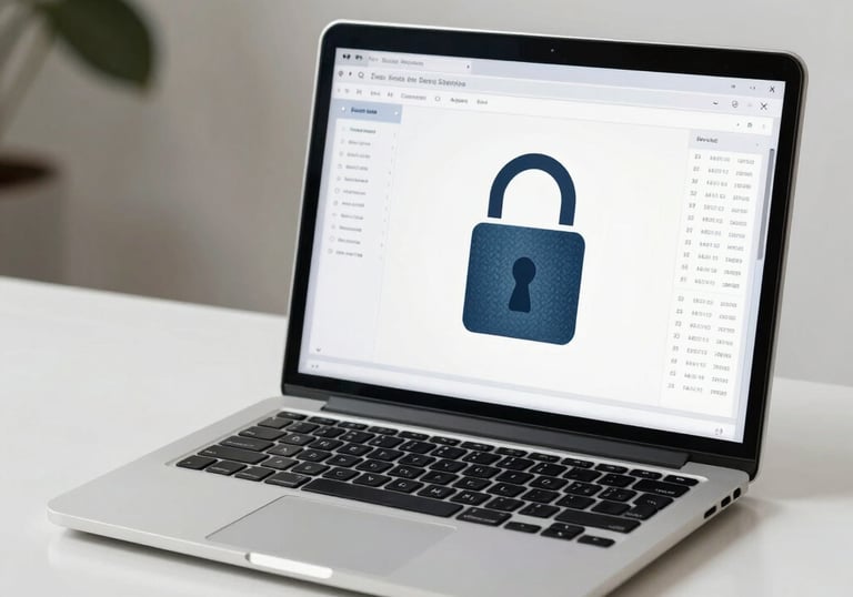 A clean, minimalist workspace with a laptop displaying a secure lock icon and financial spreadsheets, emphasizing data safety in an Indian setting.