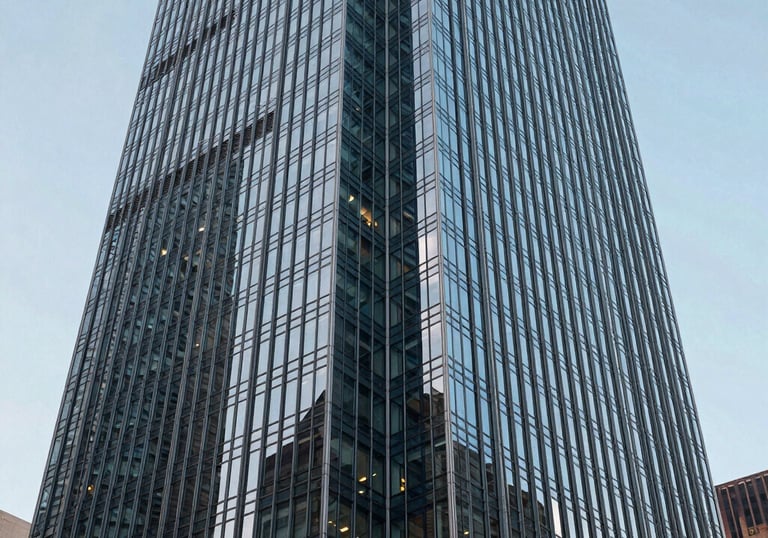 An abstract architectural photograph of a modern skyscraper in a North American city, looking up at the glass facade under a clear sky.