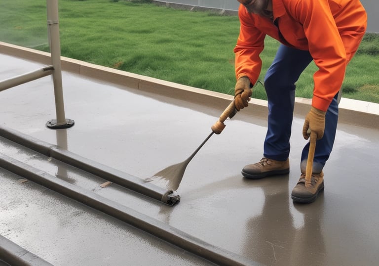 Close-up of a technician applying waterproofing sealant on a rooftop.