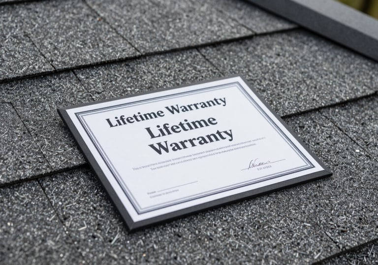 A close-up of a 'Lifetime Warranty' certificate resting on a clean, new roof surface, focusing on the texture of the grey shingles.