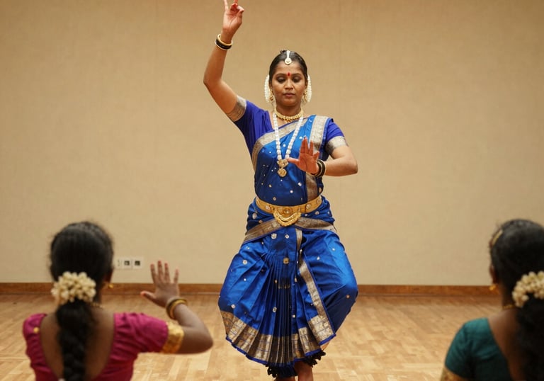 A dynamic instructor leading a lively dance class with students smiling and moving in rhythm.