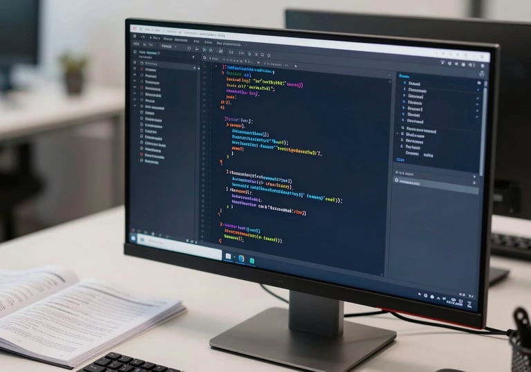 A modern computer monitor showing clean code in an editor, surrounded by technical manuals on a desk in a Spanish office. Professional, sharp focus, with navy blue and off-white tones.