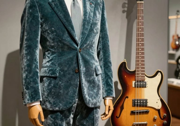 Detailed photography of an iconic 1960s velvet suit and a hollow-body bass guitar on display in a museum setting, with nostalgic lighting and a palette of muted teal and soft grey.