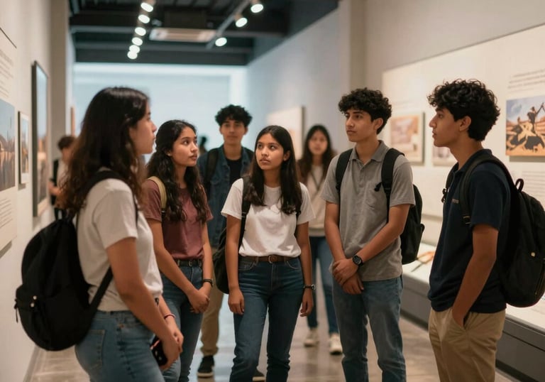 A group of South American students during a guided tour of the museum, looking with curiosity at interactive exhibits. Modern educational atmosphere with soft, inclusive lighting.