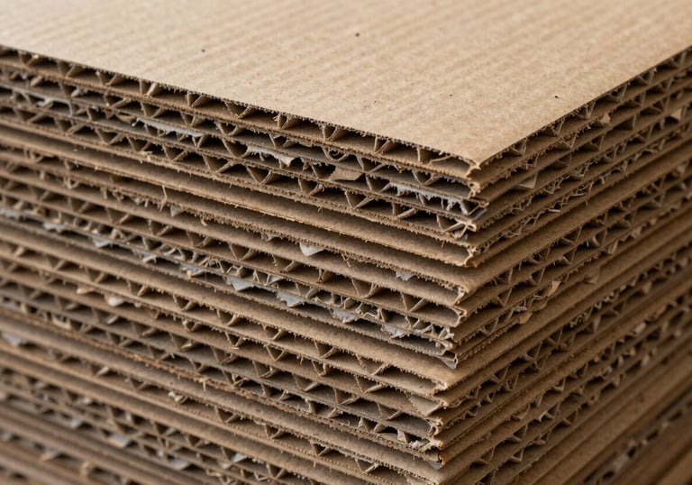 Detailed texture of stacked corrugated cardboard layers, showcasing sustainable and recyclable material in a professional South American / Brazilian studio.