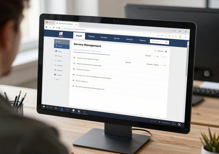 An over-the-shoulder shot of a computer screen showing a clean, modern dashboard for service management in a bright, efficient workspace.