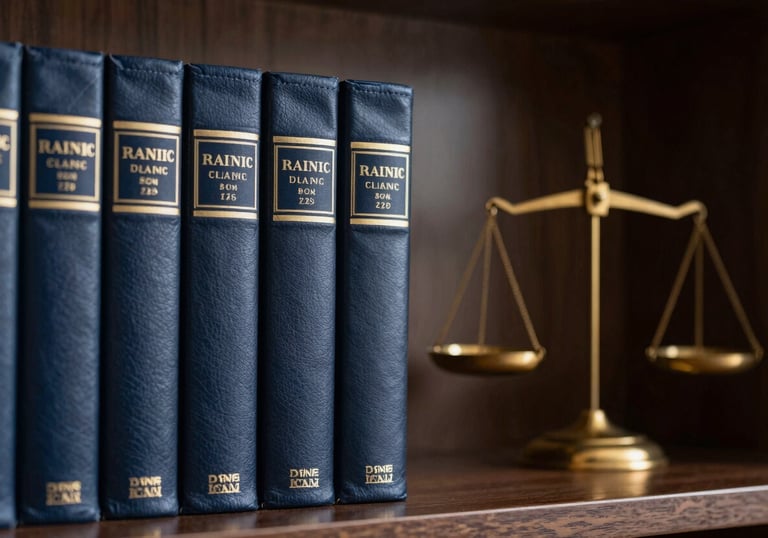 A high-end legal office scene with leather-bound books on a shelf and a subtle gold balance scale in the background. Professional and trustworthy mood with navy tones.