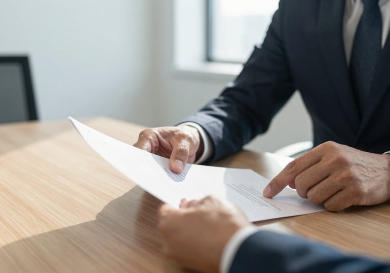 A close-up photograph of an international professional in a business suit reviewing a document in a bright, modern corporate boardroom. The focus is on the paper and hands, with gold and white light filtering through the room.