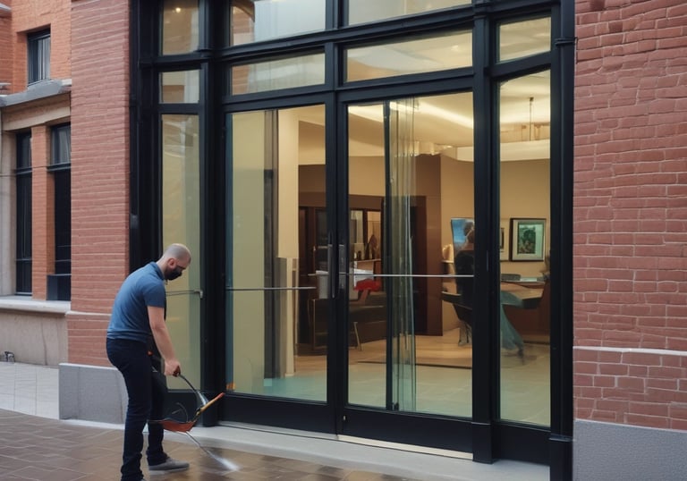 Close-up of sparkling clean windows in a Toulouse apartment building after Copronet's cleaning service.