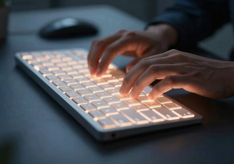 A detail shot of hands typing on a high-end backlit keyboard in a dimly lit, modern North American office. The glow from the keys is a soft off-white against a dark navy desk surface.