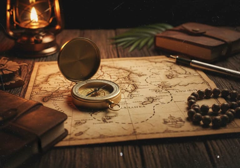 Vintage brass compass on an old world map with a lantern and leather journal on a wooden desk.