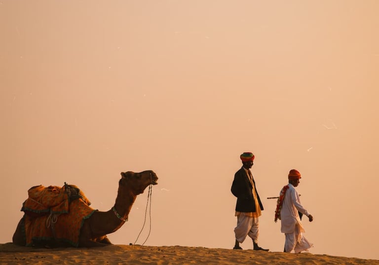 Rajasthan trip details - Two men in traditional turbans walking with a seated camel across the golde