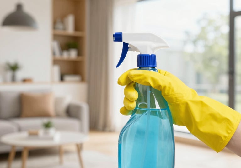 A smiling cleaner dusting a cozy living room bathed in natural light.