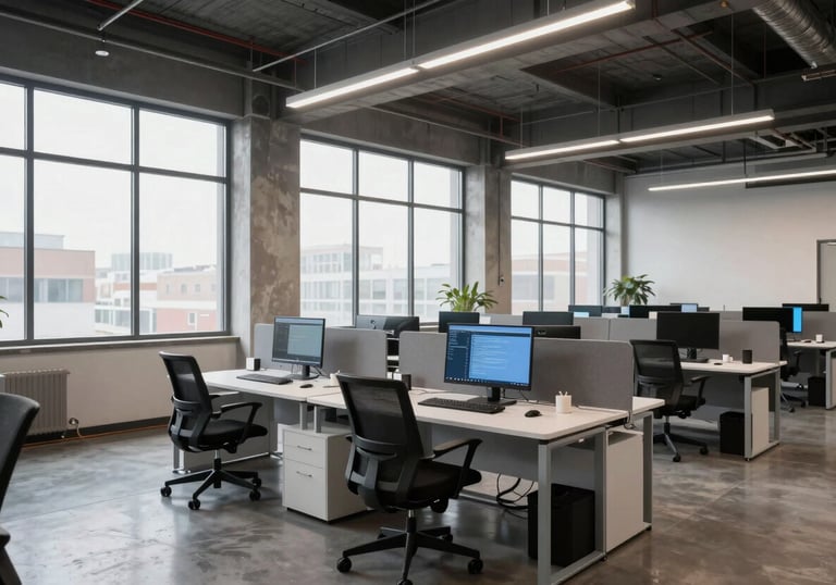 A clean, industrial North American / US office space with large windows and modern workstations, highlighting a professional environment for elite technology design.