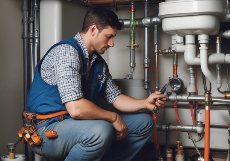 A plumber fixing a kitchen sink with tools and focused attention.