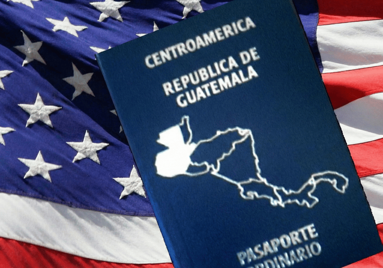 A blue Republic of Guatemala passport displayed over a background of the American flag for travel and immigration.