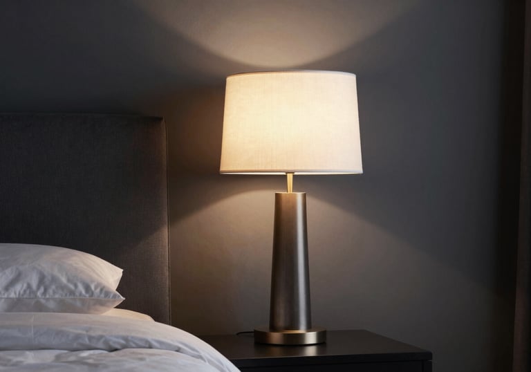 A sophisticated designer lamp casting warm light onto a charcoal wall in a luxuriously decorated Southern European / Spanish (Madrid) bedroom.