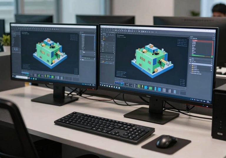 An organized workstation in a North American / International tech office showing 3D modeling software on multiple screens, with dark navy and steel blue accents.
