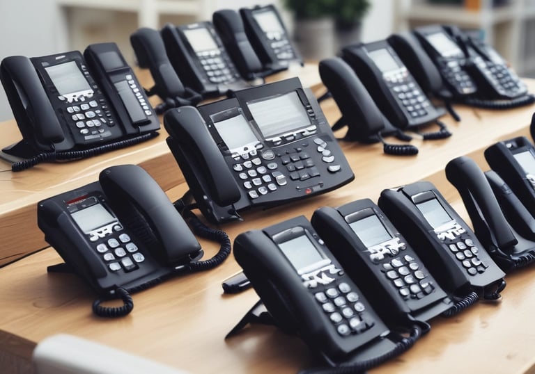 Modern office desk with a sleek VoIP phone and laptop showing a cloud interface.