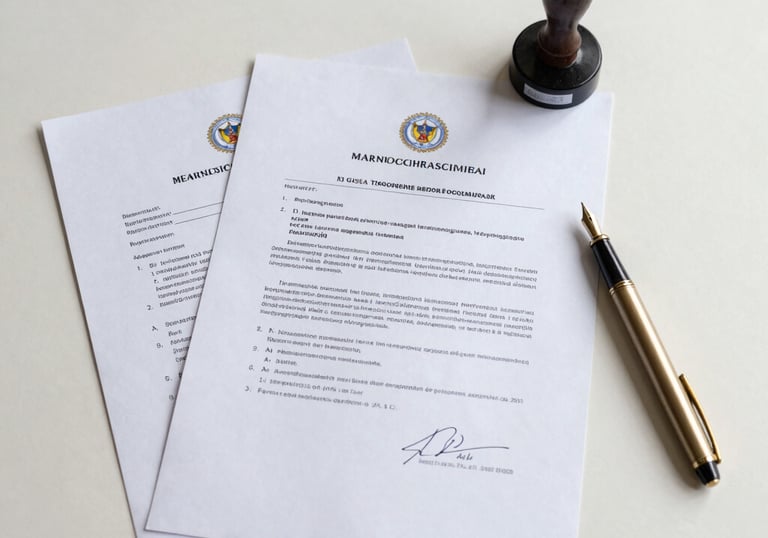 A flat lay photograph of official Indonesian legal documents, a gold fountain pen, and a corporate stamp on a clean, light-colored desk. The composition is organized and professional, reflecting authority and precision. Colors are neutral with accents of blue.