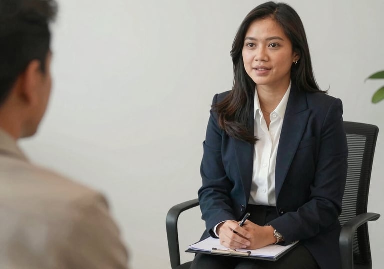 A candid photograph of a professional Southeast Asian woman smiling confidently while working on a tablet in a bright coworking space. She is dressed in a professional blue blouse. The background is blurred, showing a modern, clean environment.