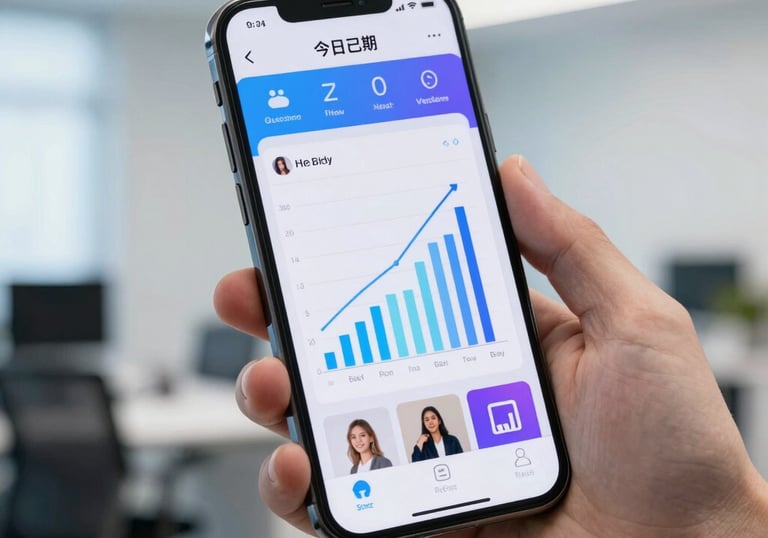 Close-up photography of a hand holding a modern smartphone in a bright studio. The screen shows a vibrant social media feed with growth charts. The background is a clean office setting with soft blue and white lighting, symbolizing digital growth and strategy.