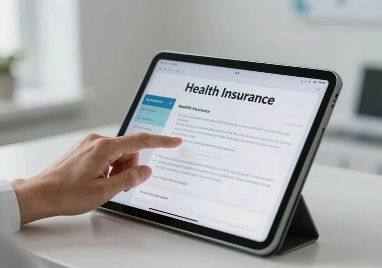 A hand using a modern tablet to manage health insurance details, clean and minimalist Middle Eastern / Turkish medical office background, professional lighting.