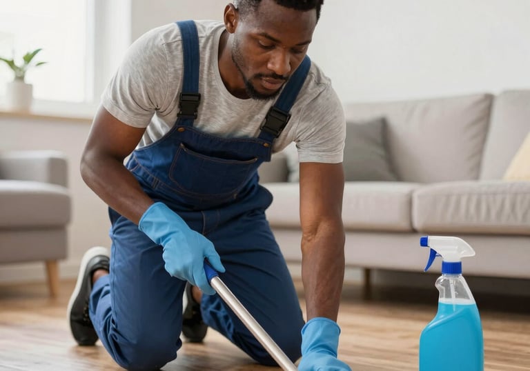 Close-up of a professional polishing a commercial floor to a high shine using specialized equipment.