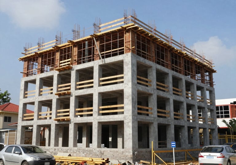 Close-up of industrial machinery and construction tools on a site, showcasing the Steel Blue and Soft Blue-Grey color palette.