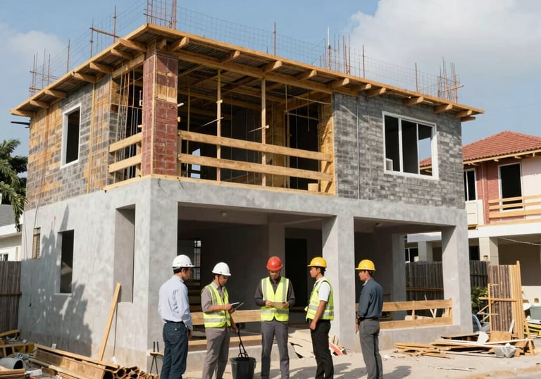 Close-up of industrial machinery and construction tools on a site, showcasing the Steel Blue and Soft Blue-Grey color palette.