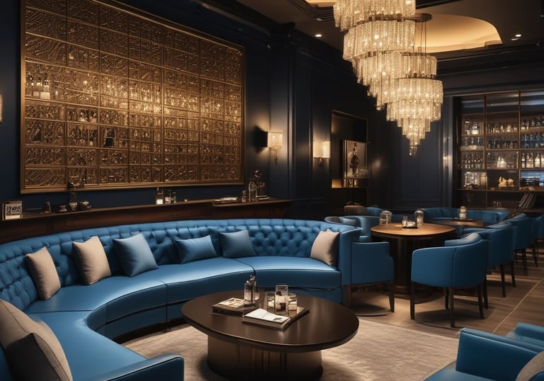 Interior view of a stylish and cozy lounge room with ambient lighting.