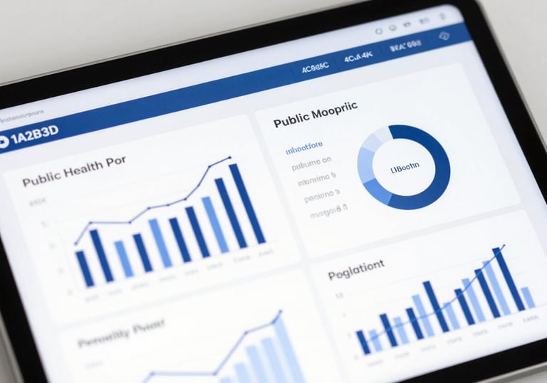 A close-up of a digital tablet showing a clean, structured public health report with charts. The UI uses #1A2B3C and #4C6A89. Professional, modern, and data-driven imagery.