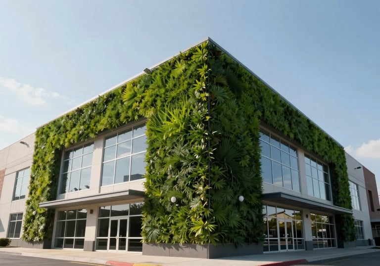 A low angle exterior shot of a large, modern commercial building with sustainable green features and a clean sky, North American / International architecture.