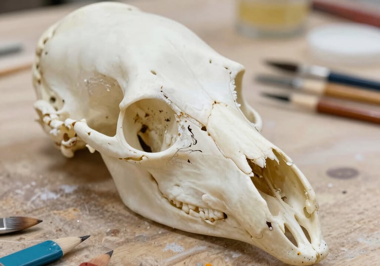 A cozy studio corner with art supplies and framed Nouveau prints.