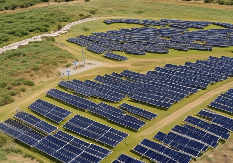 Solar panels stretching across a sunny landscape with a clear blue sky.