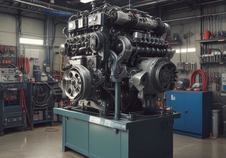 Close-up of a high-performance used engine with polished components under bright workshop lighting.