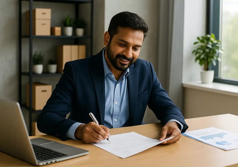 Indian businessman reviewing and signing business loan documents at his office desk in Chennai.