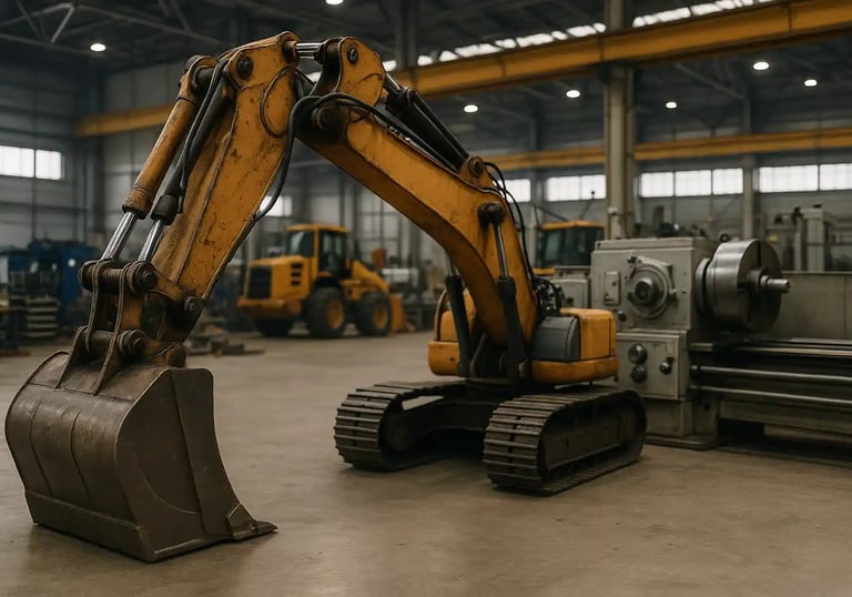 Heavy construction excavator and industrial machinery inside a factory workshop representing equipme