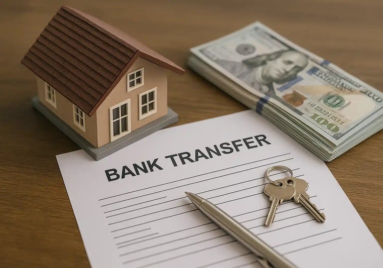 House model, property documents, keys, and bank transfer papers symbolizing home loans and balance t