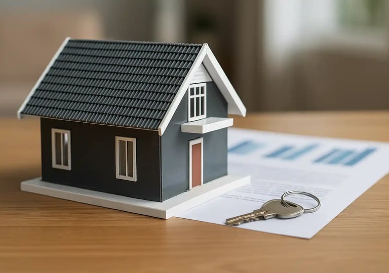 House model with property documents and keys on a table representing a loan against property in Chen