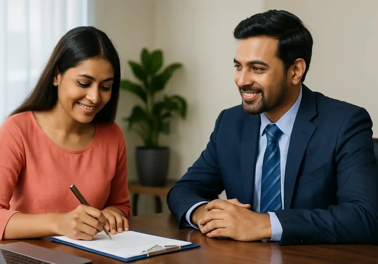 Young woman discussing and signing personal loan documents with a loan officer in a Chennai office.