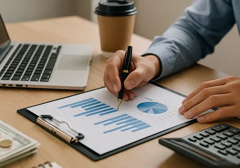 Business professional analyzing financial charts with a calculator and laptop while planning working